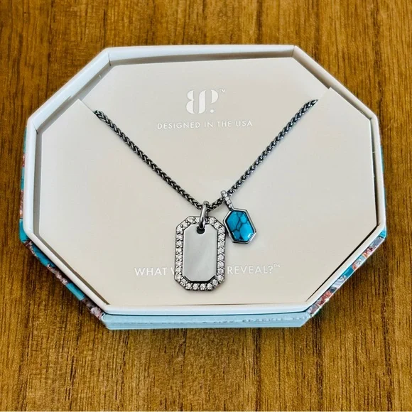 Turquoise Dog Tag Charm Necklace - December Birthday Necklace by Bomb Party - Picture 2 of 4